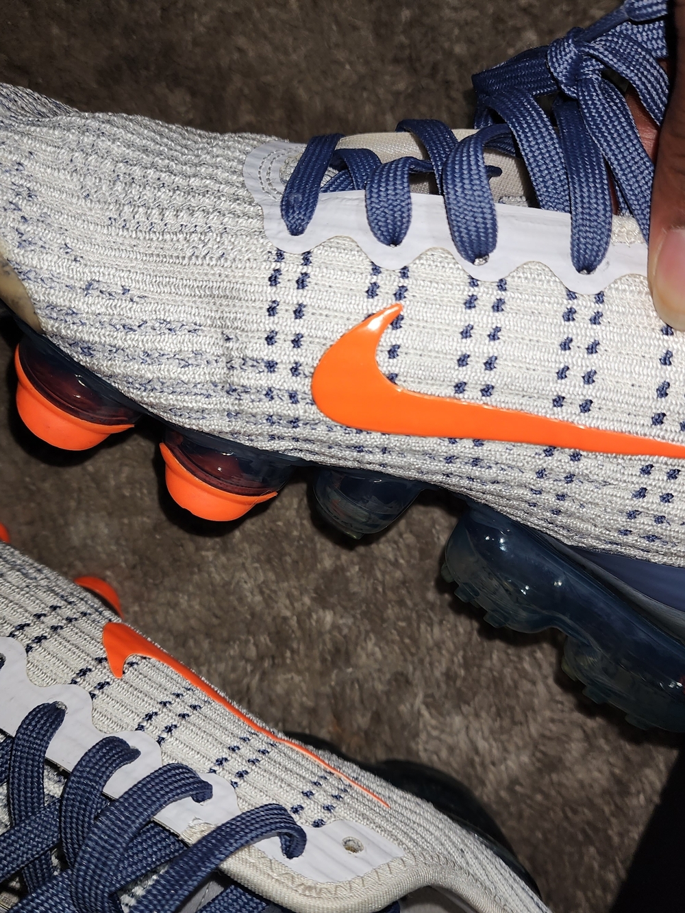 Nike Kids' VaporMax Flyknit Shoes - White with Orange and Navy